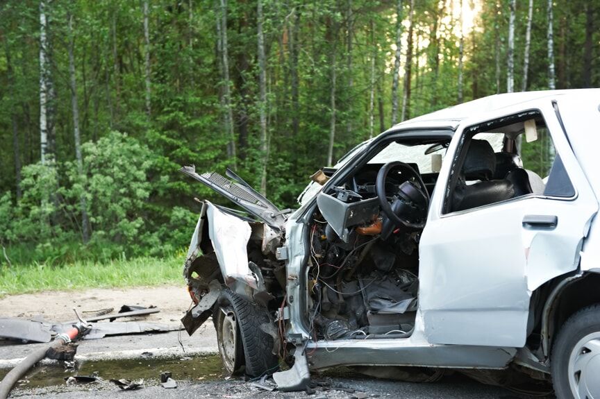 Car wreckage after an auto accident